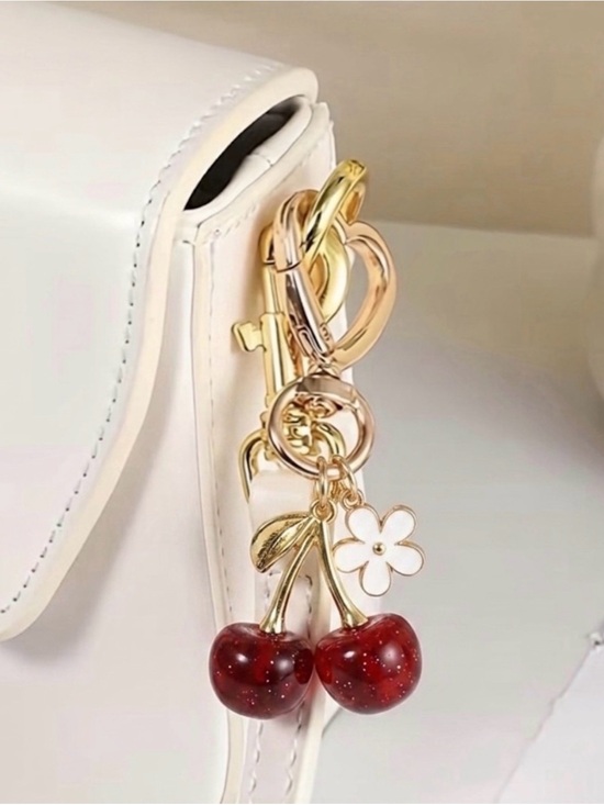 None Accessories - Cherry & Flower Gold Bag Charm With Heart Shaped Clasp